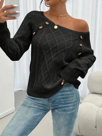 Women's cable knit sweater raglan-sleeve button-detail pullover
