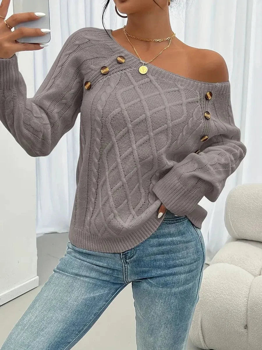 Women's cable knit sweater raglan-sleeve button-detail pullover