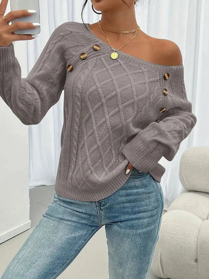 Women's cable knit sweater raglan-sleeve button-detail pullover