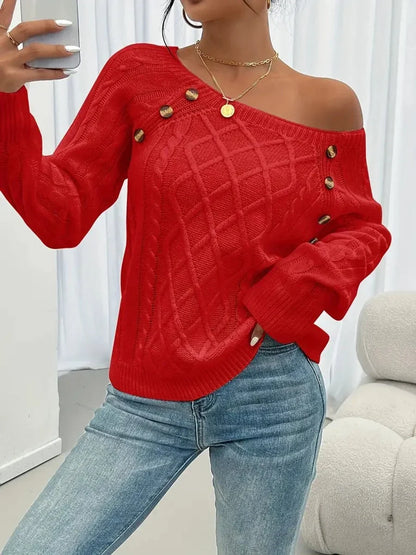 Women's cable knit sweater raglan-sleeve button-detail pullover