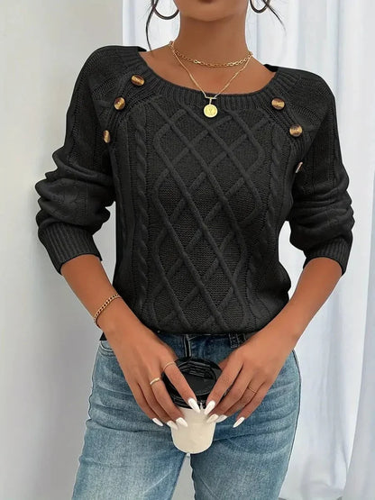 Women's cable knit sweater raglan-sleeve button-detail pullover – Black
