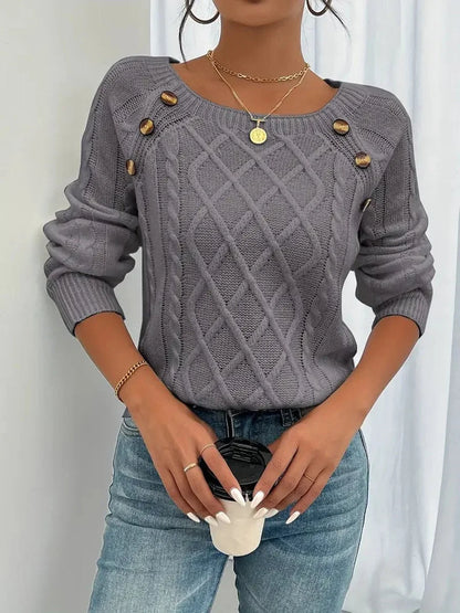 Women's cable knit sweater raglan-sleeve button-detail pullover – Dark Gray