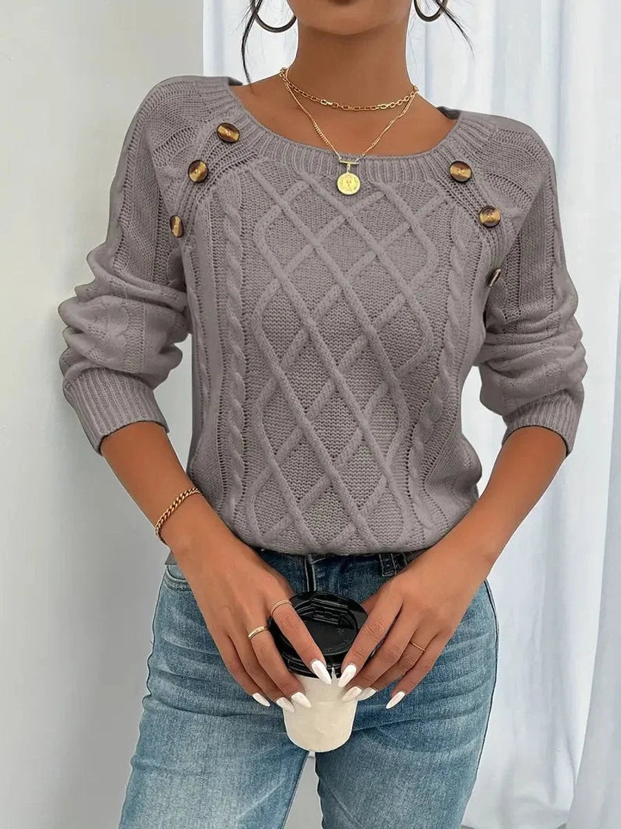 Women's cable knit sweater raglan-sleeve button-detail pullover – Dusty Rose Brown