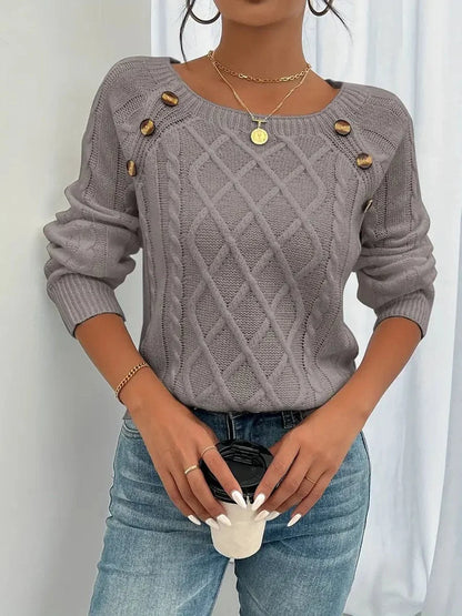 Women's cable knit sweater raglan-sleeve button-detail pullover – Dusty Rose Brown