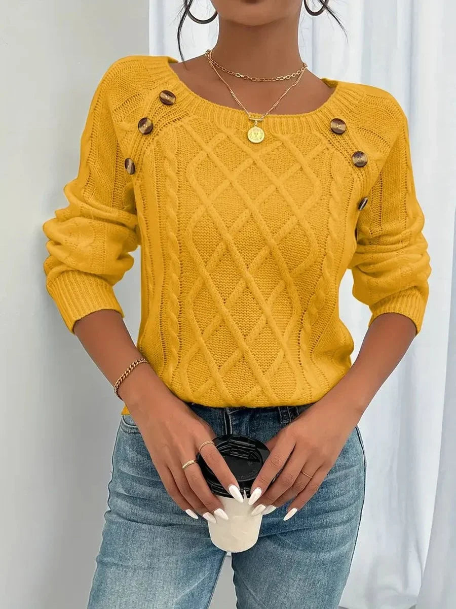 Women's cable knit sweater raglan-sleeve button-detail pullover – Golden