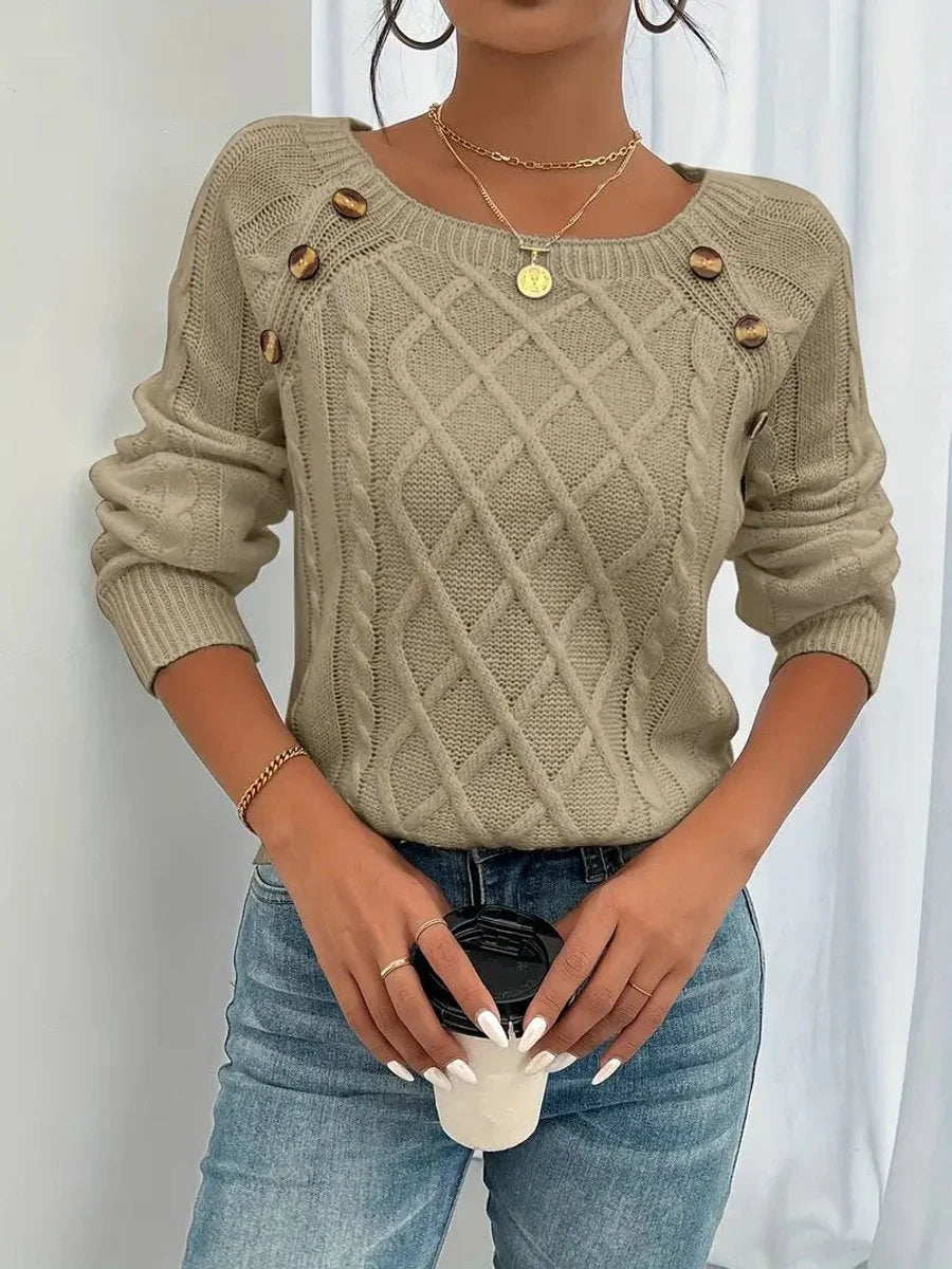 Women's cable knit sweater raglan-sleeve button-detail pullover – Khaki