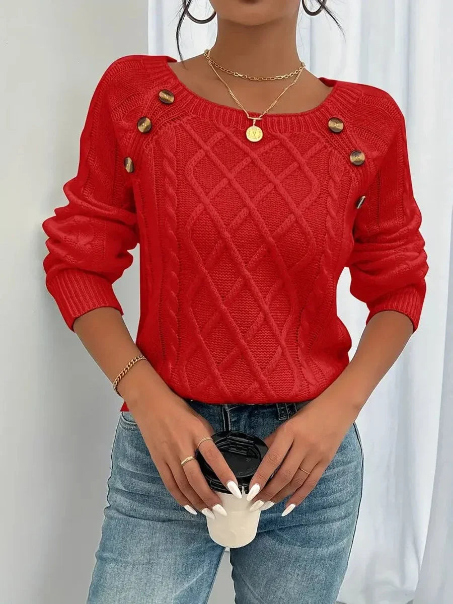 Women's cable knit sweater raglan-sleeve button-detail pullover – Red