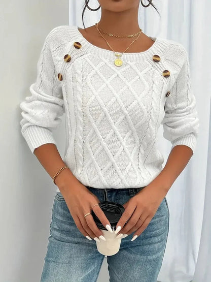 Women's cable knit sweater raglan-sleeve button-detail pullover – White