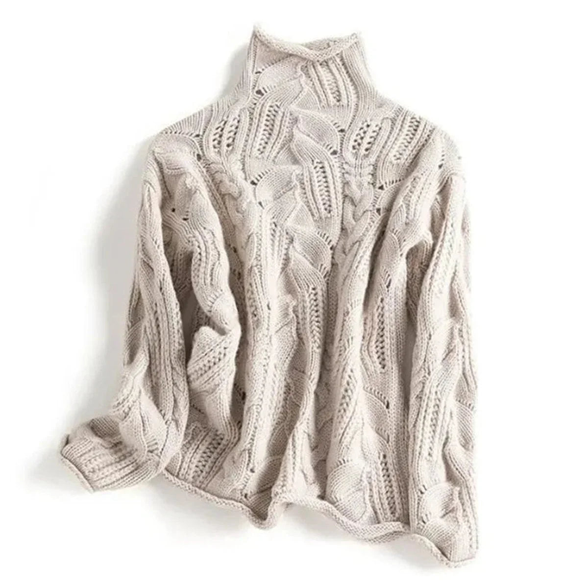 Women's cable knit sweater turtleneck loose-fit pullover – Beige