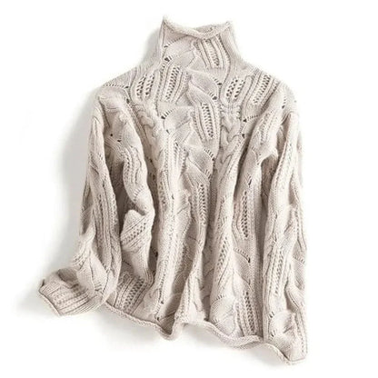 Women's cable knit sweater turtleneck loose-fit pullover – Beige