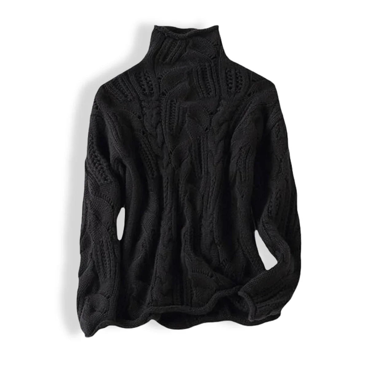 Women's cable knit sweater turtleneck loose-fit pullover – Black