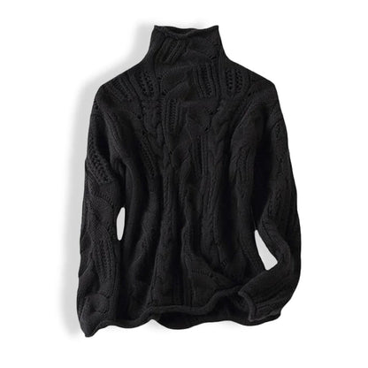 Women's cable knit sweater turtleneck loose-fit pullover – Black