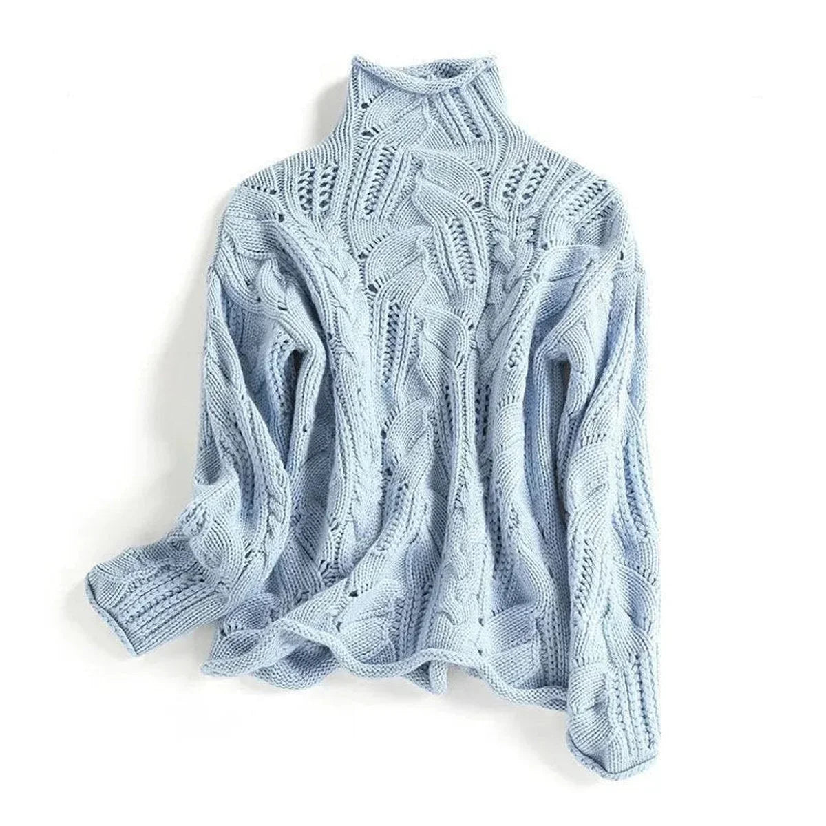 Women's cable knit sweater turtleneck loose-fit pullover – Blue