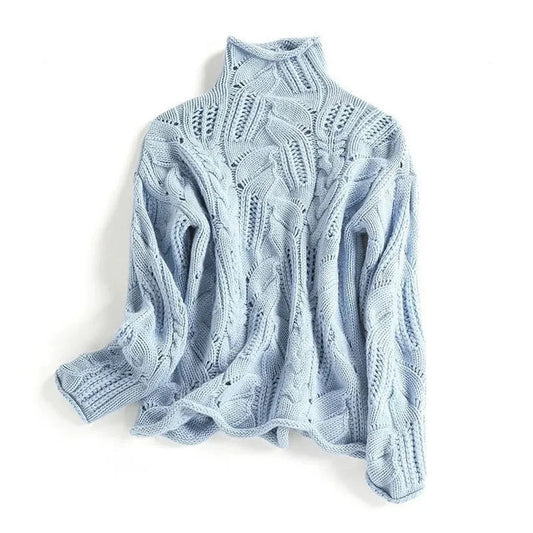 Women's cable knit sweater turtleneck loose-fit pullover – Blue
