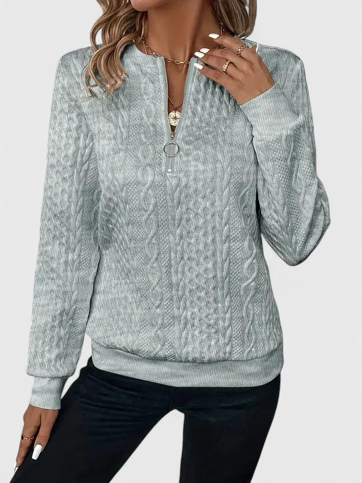 Women's cable-knit sweater with half-zip front and long sleeves – Grey