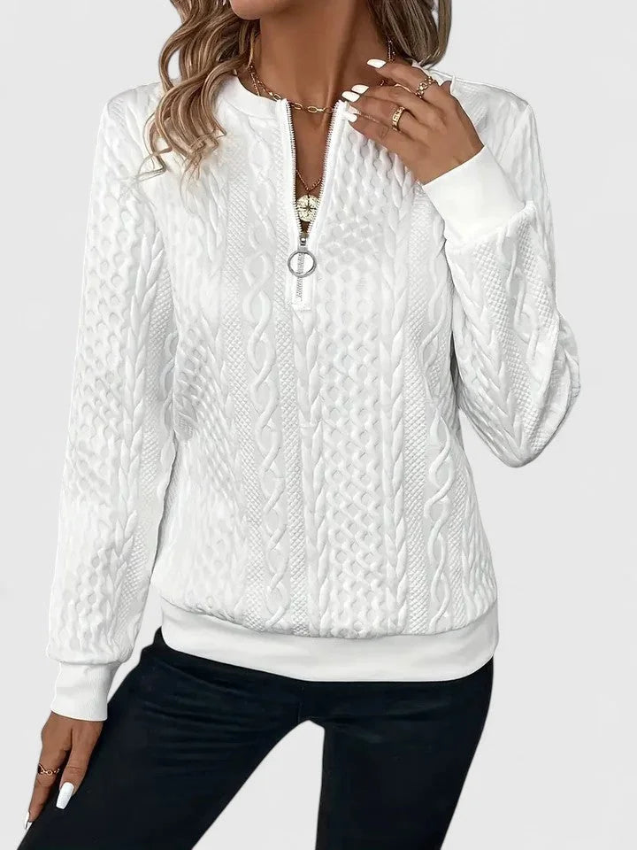 Women's cable-knit sweater with half-zip front and long sleeves – White