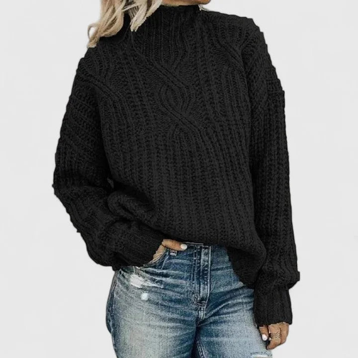Women's cable knit sweater with mock-neck long sleeves and relaxed fit – Black