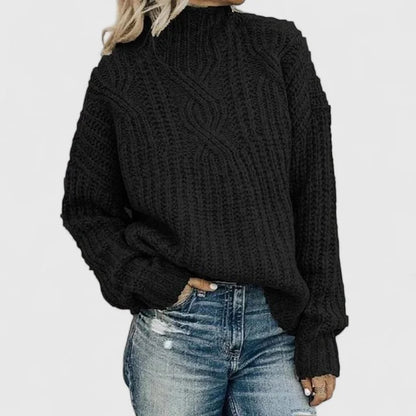 Women's cable knit sweater with mock-neck long sleeves and relaxed fit – Black