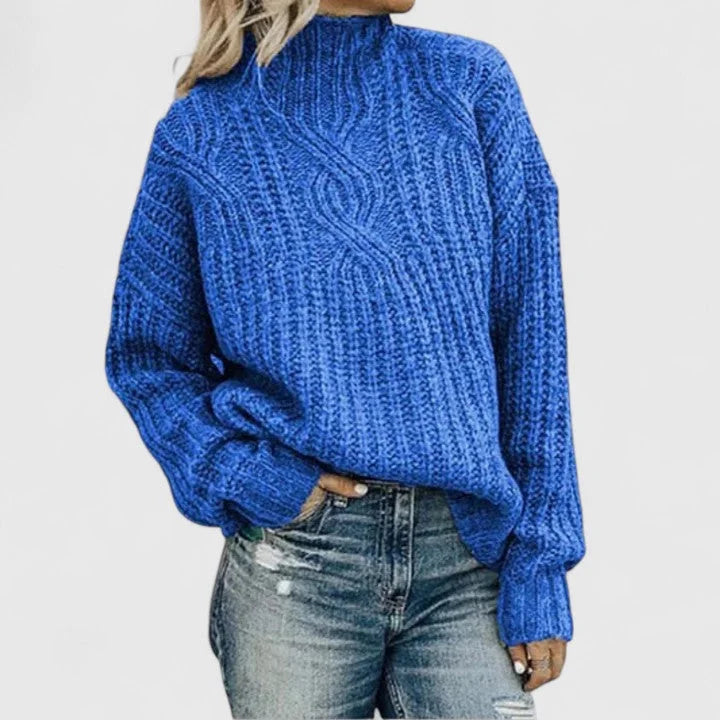 Women's cable knit sweater with mock-neck long sleeves and relaxed fit – Blue