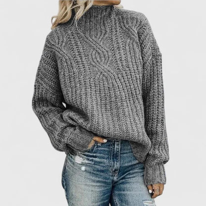 Women's cable knit sweater with mock-neck long sleeves and relaxed fit – Grey