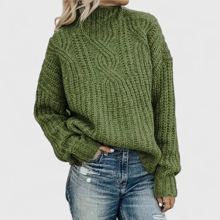 Women's cable knit sweater with mock-neck long sleeves and relaxed fit – Green