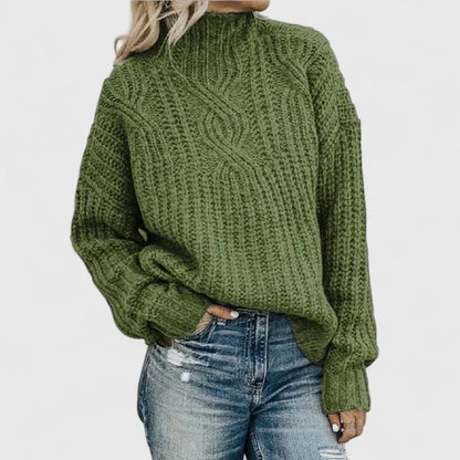 Women's cable knit sweater with mock-neck long sleeves and relaxed fit – Green