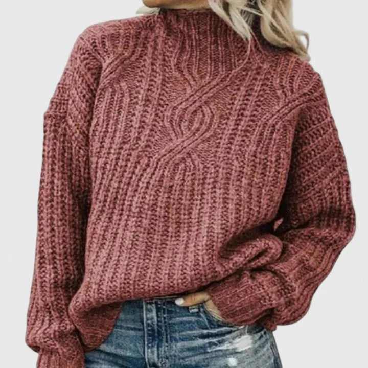 Women's cable knit sweater with mock-neck long sleeves and relaxed fit – Pink
