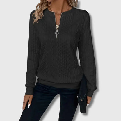 Women's cable-knit sweater with quarter-zip long-sleeve and ribbed cuffs