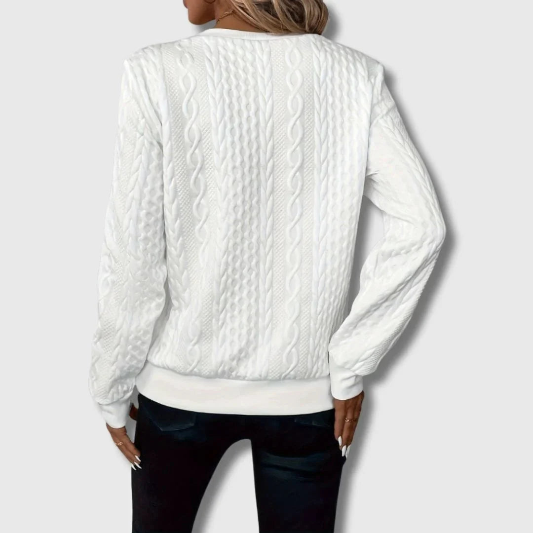 Women's cable-knit sweater with quarter-zip long-sleeve and ribbed cuffs