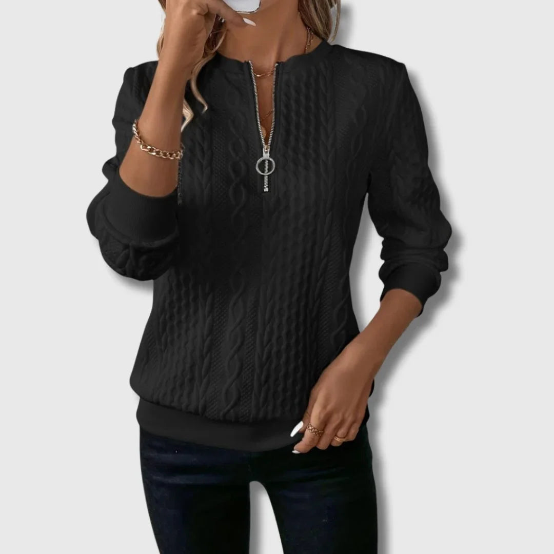 Women's cable-knit sweater with quarter-zip long-sleeve and ribbed cuffs – Black