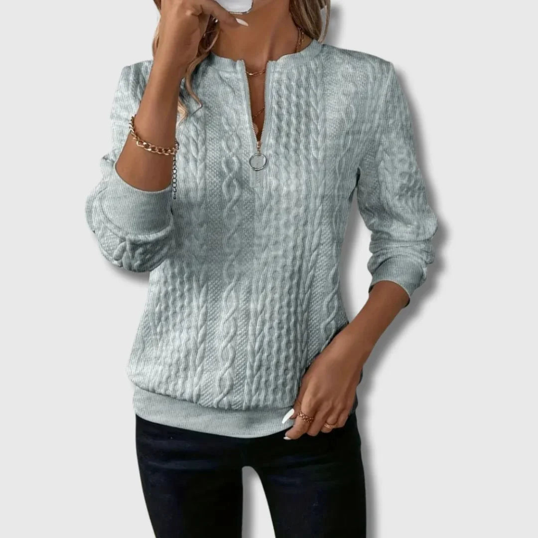 Women's cable-knit sweater with quarter-zip long-sleeve and ribbed cuffs – Grey
