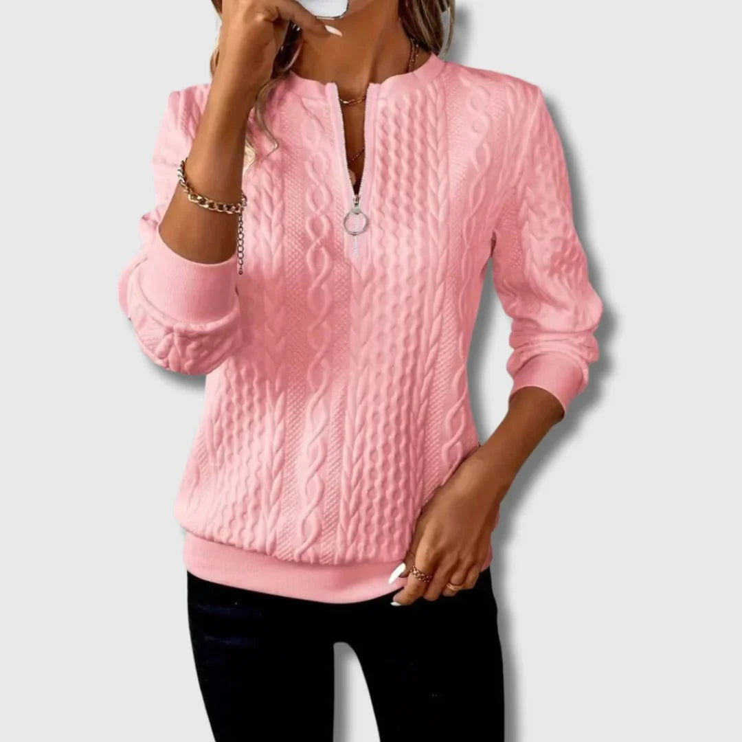 Women's cable-knit sweater with quarter-zip long-sleeve and ribbed cuffs – Pink