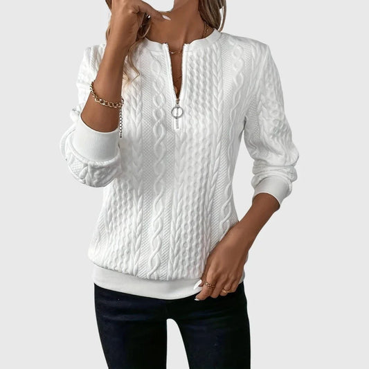 Women's cable-knit sweater with quarter-zip long-sleeve and ribbed cuffs – White