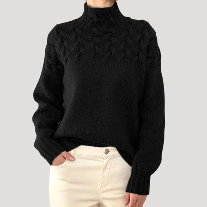 Women's cable knit turtleneck pullover sweater – Black