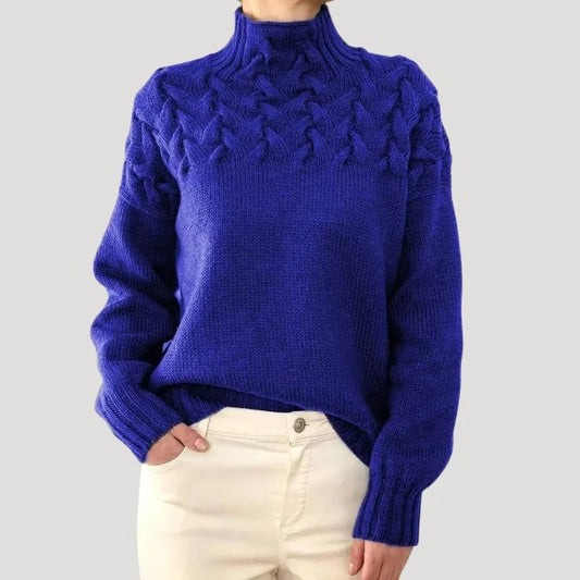 Women's cable knit turtleneck pullover sweater – Blue