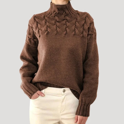 Women's cable knit turtleneck pullover sweater – Brown