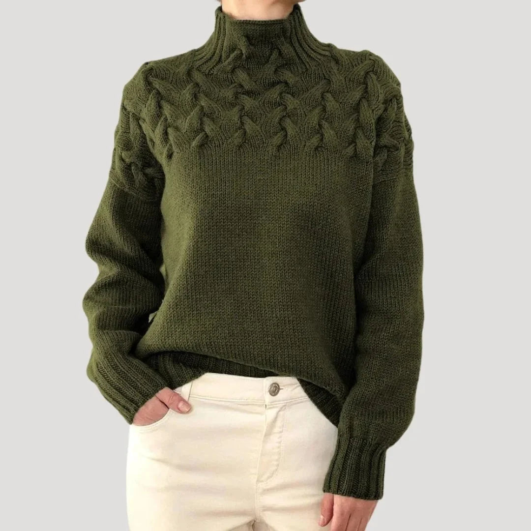 Women's cable knit turtleneck pullover sweater – Dark Green