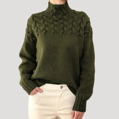 Women's cable knit turtleneck pullover sweater – Dark Green
