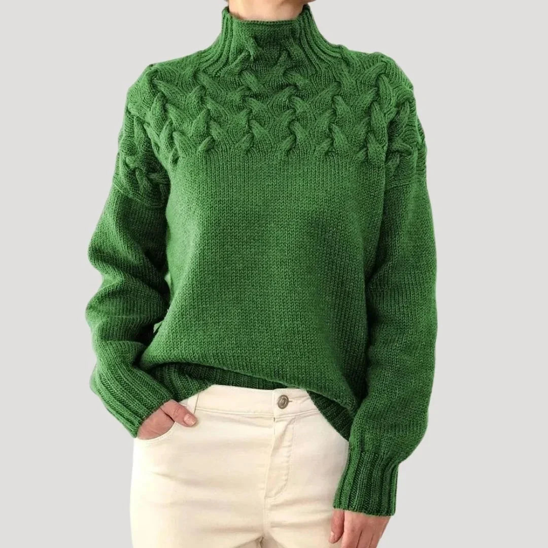 Women's cable knit turtleneck pullover sweater – Green