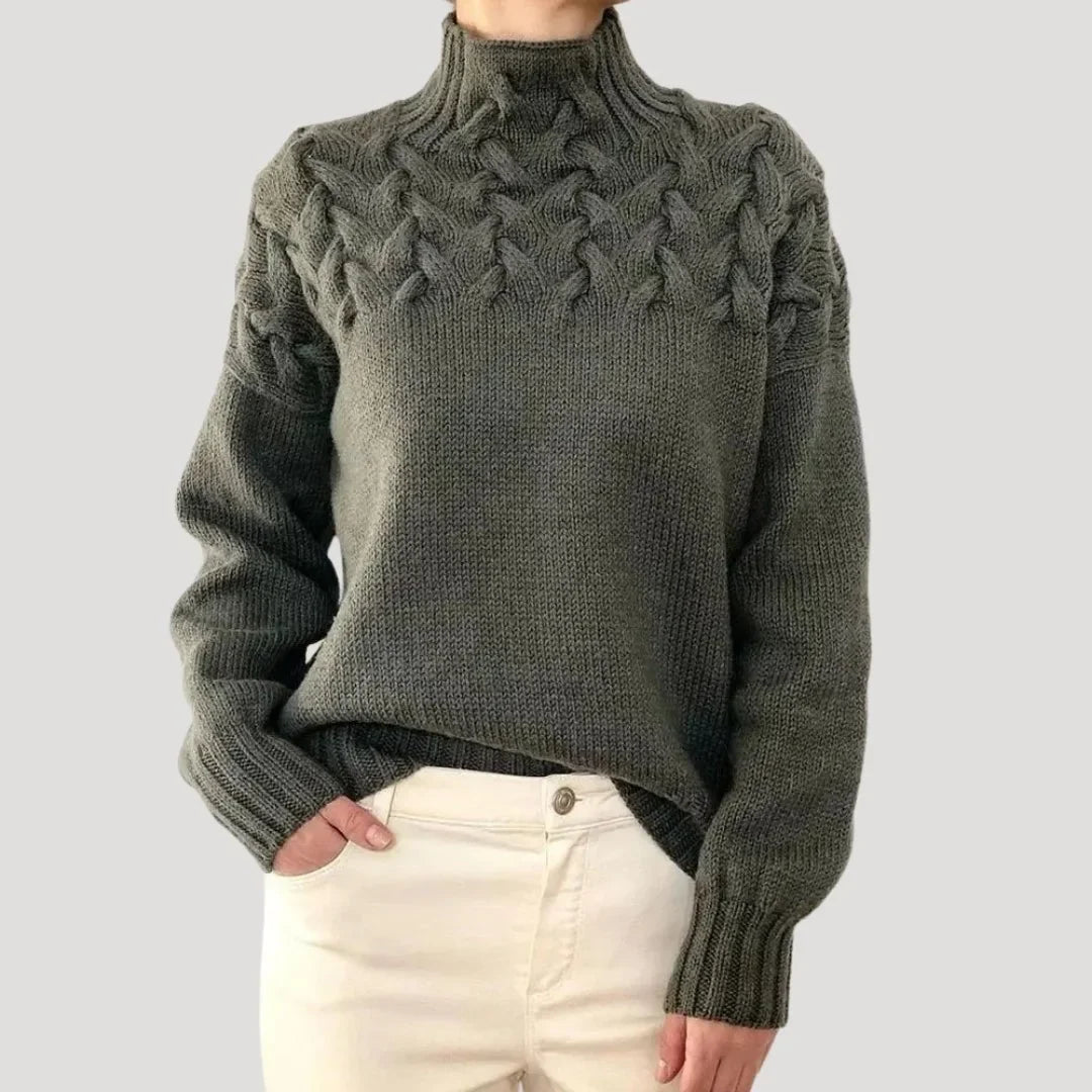 Women's cable knit turtleneck pullover sweater – Grey