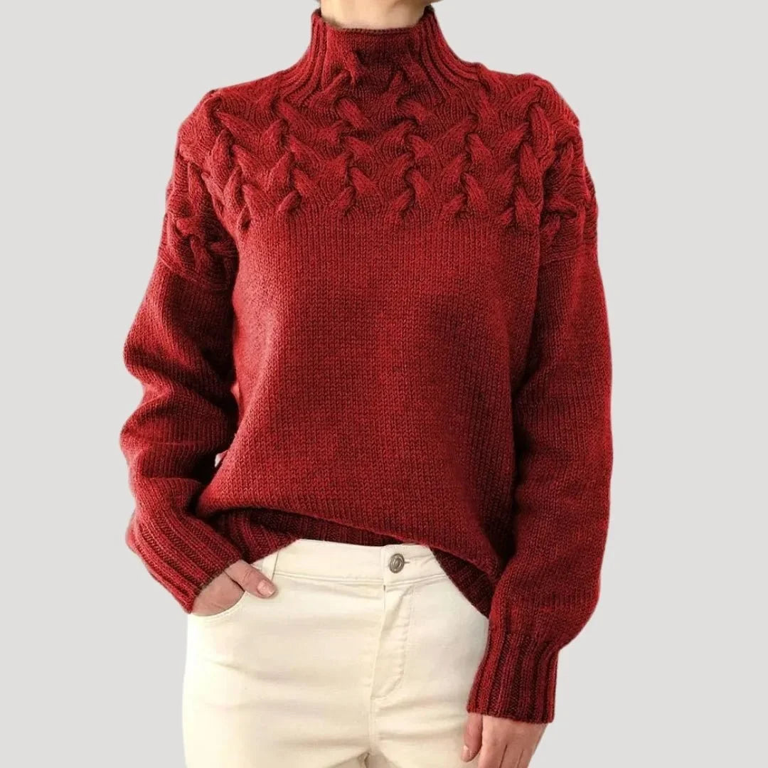 Women's cable knit turtleneck pullover sweater – Red
