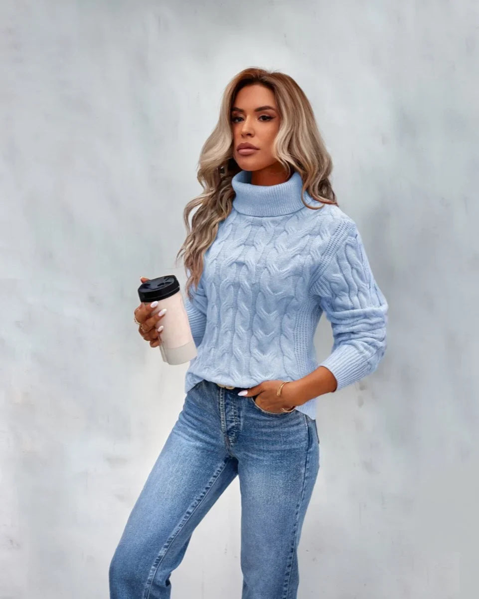 Women's cable knit turtleneck sweater cozy long sleeve pullover – Blue