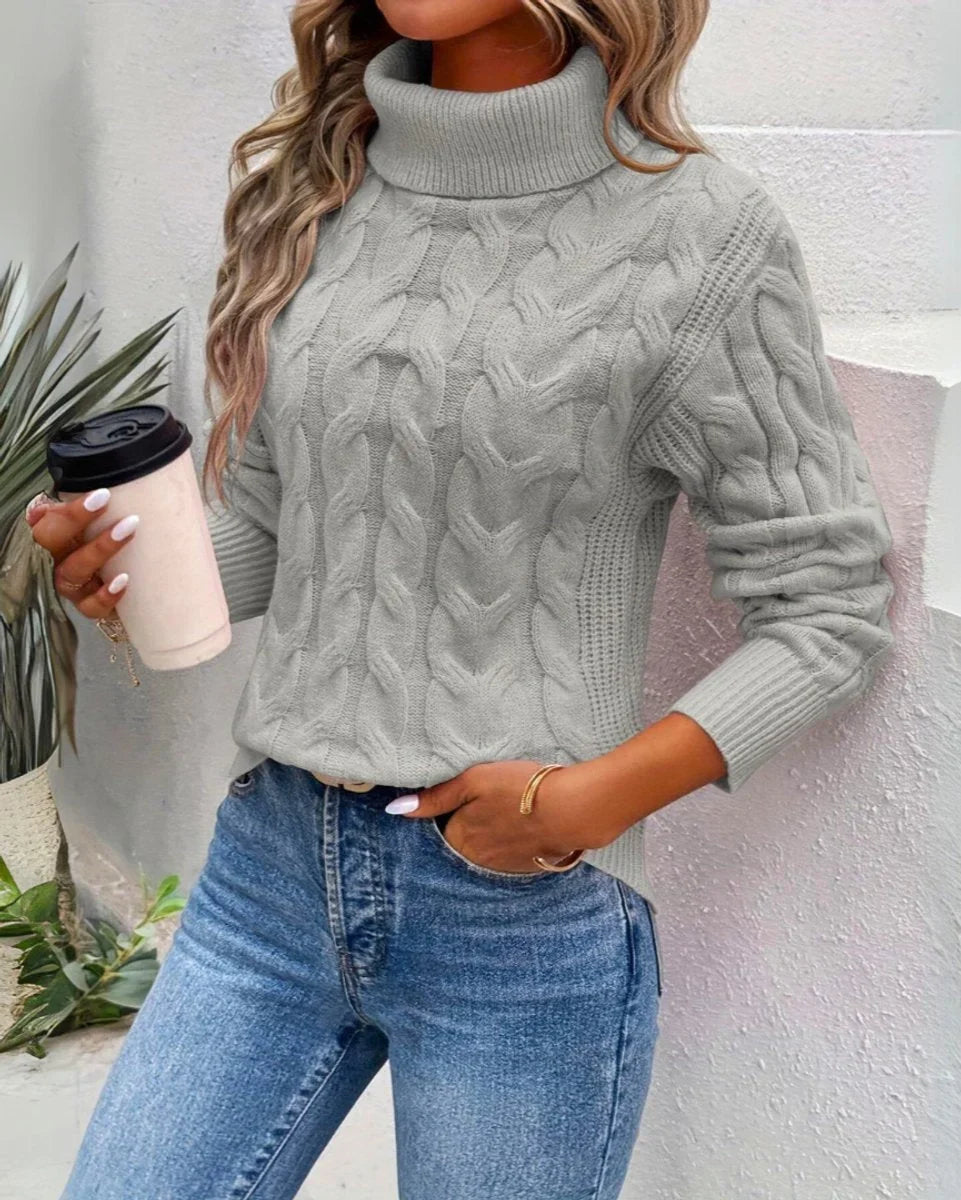 Women's cable knit turtleneck sweater cozy long sleeve pullover – Gray