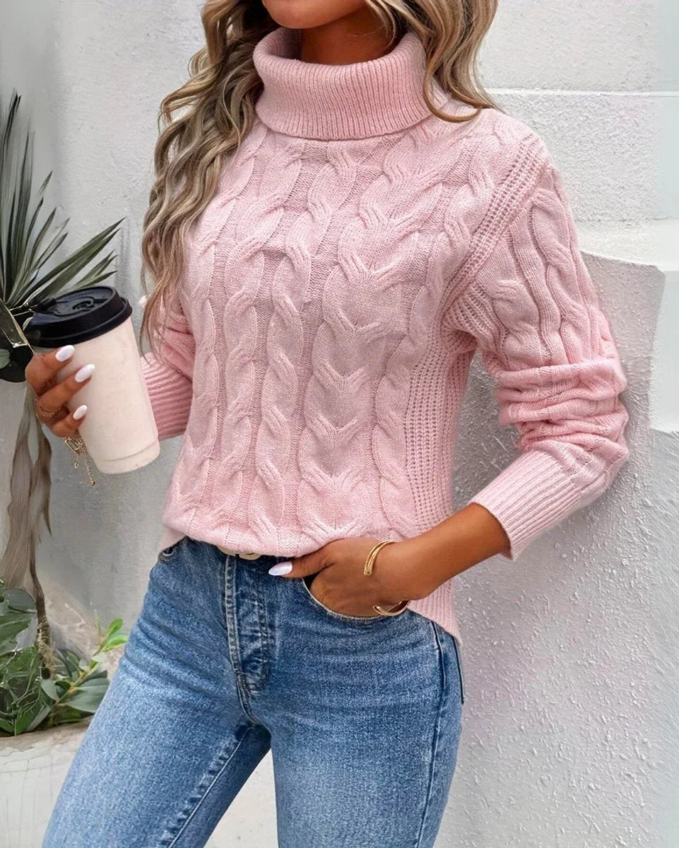 Women's cable knit turtleneck sweater cozy long sleeve pullover – Pink
