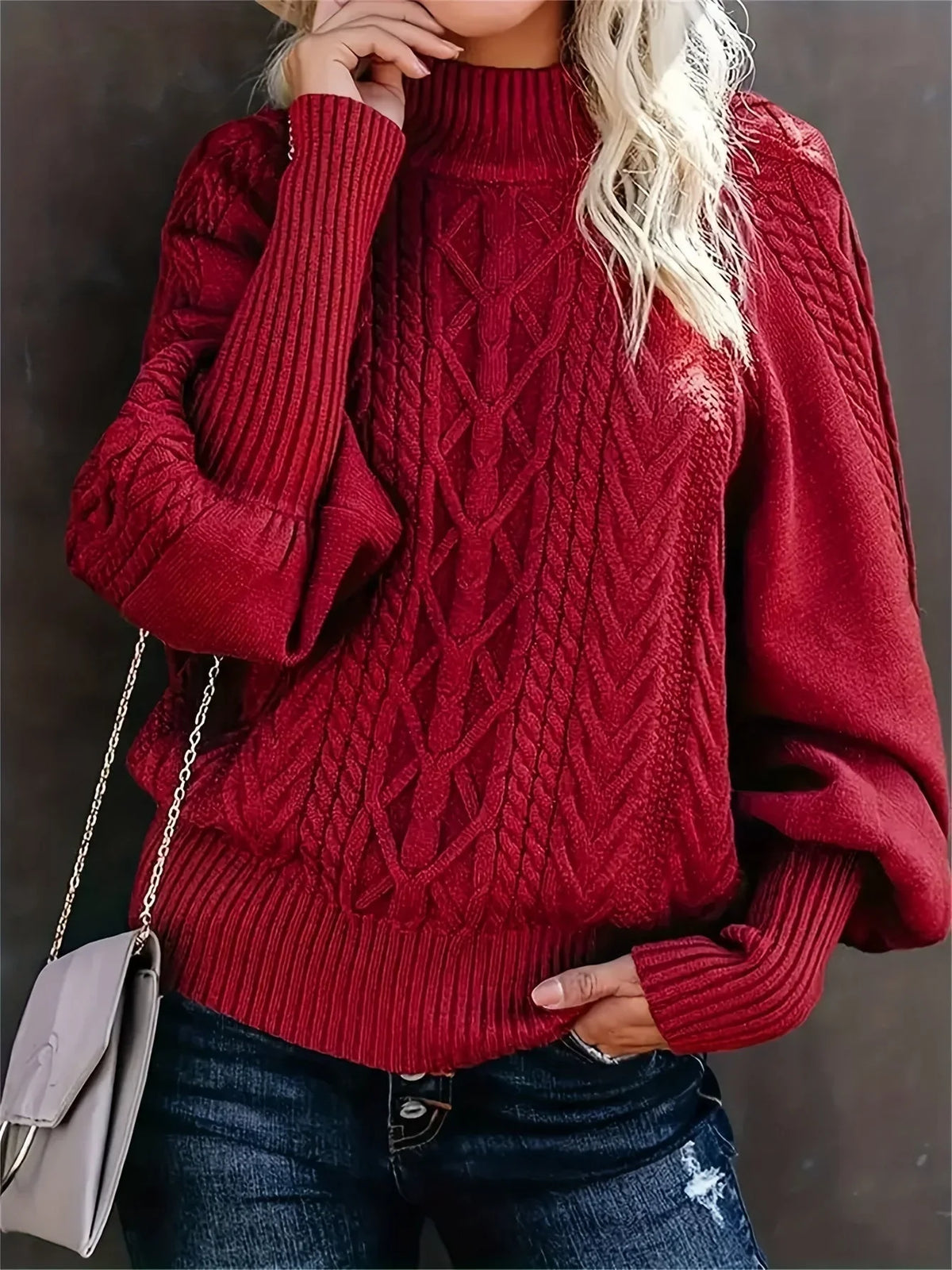 Women's cable pattern knit sweater with mock-neck and balloon sleeves – Burgundy