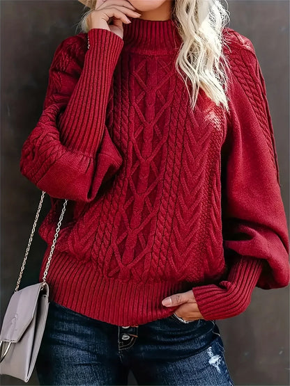Women's cable pattern knit sweater with mock-neck and balloon sleeves – Burgundy