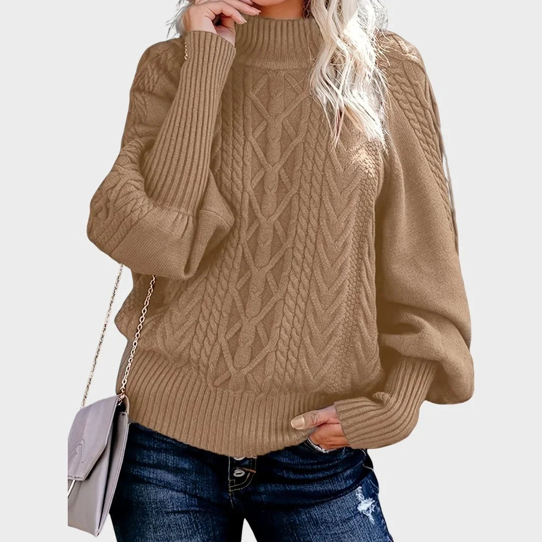 Women's cable pattern knit sweater with mock-neck and balloon sleeves