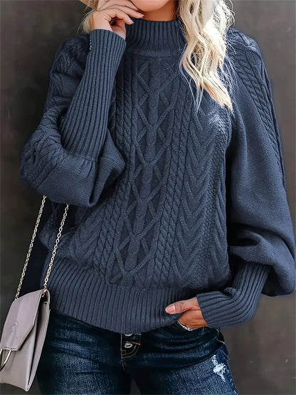 Women's cable pattern knit sweater with mock-neck and balloon sleeves – Navy Blue