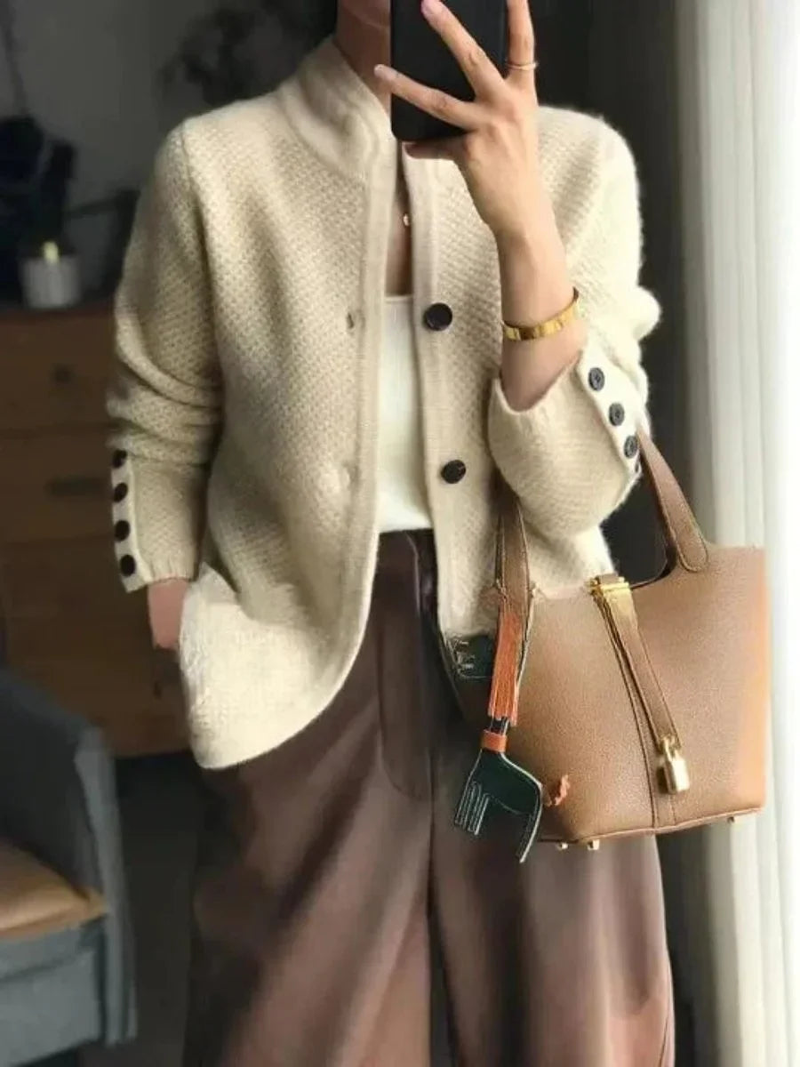 Women's cashmere wool button-front knit cardigan – Beige