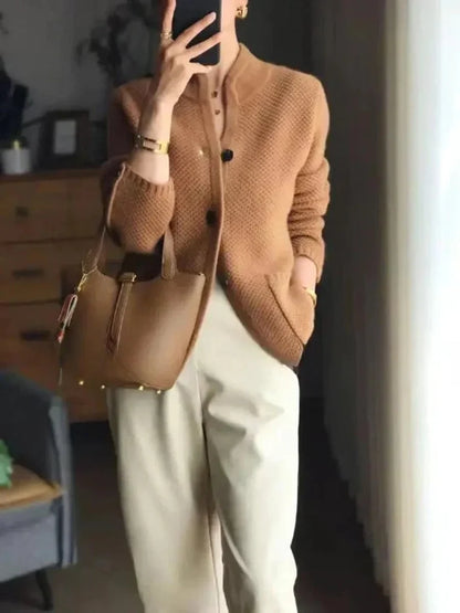 Women's cashmere wool button-front knit cardigan – Brown